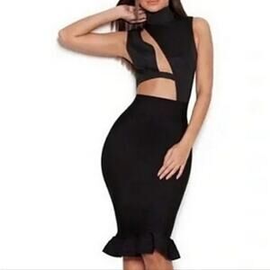 House of CB London Black Lidia Bandage Pencil Flounce Ruffle Skirt sz XS